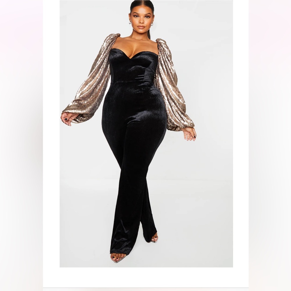 PLT Plus Black Sequin Balloon Sleeve Velvet Jumpsuit